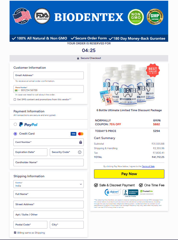 Secure Biodentex online order checkout with encrypted payment support
